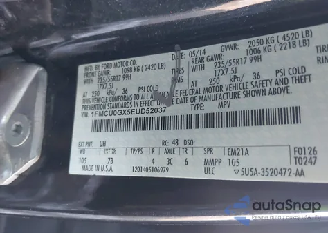 2014 Ford Escape Se z USA, uszkodzony, nr VIN 1FMCU0GX5EUD52037